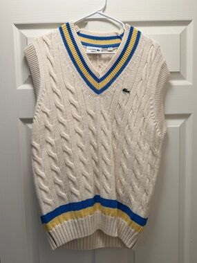 Lacoste Cream Cable Knit Vest with Blue and Yellow Stripe Trim